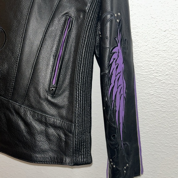 Women’s black purple motorcycle jacket with embroidered details - Picture 8 of 10